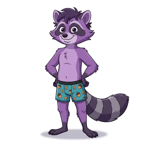 Male Raccoon Demi-Human in Purple Boxers | Cartoon Style