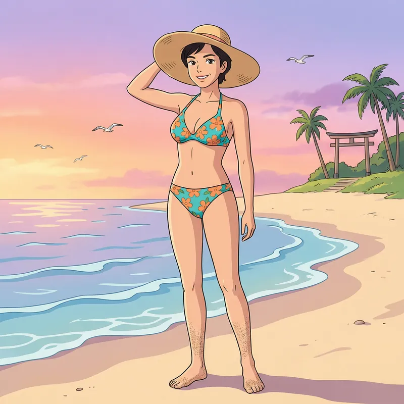 Anime Beach Scene: Confident Woman in Bikini