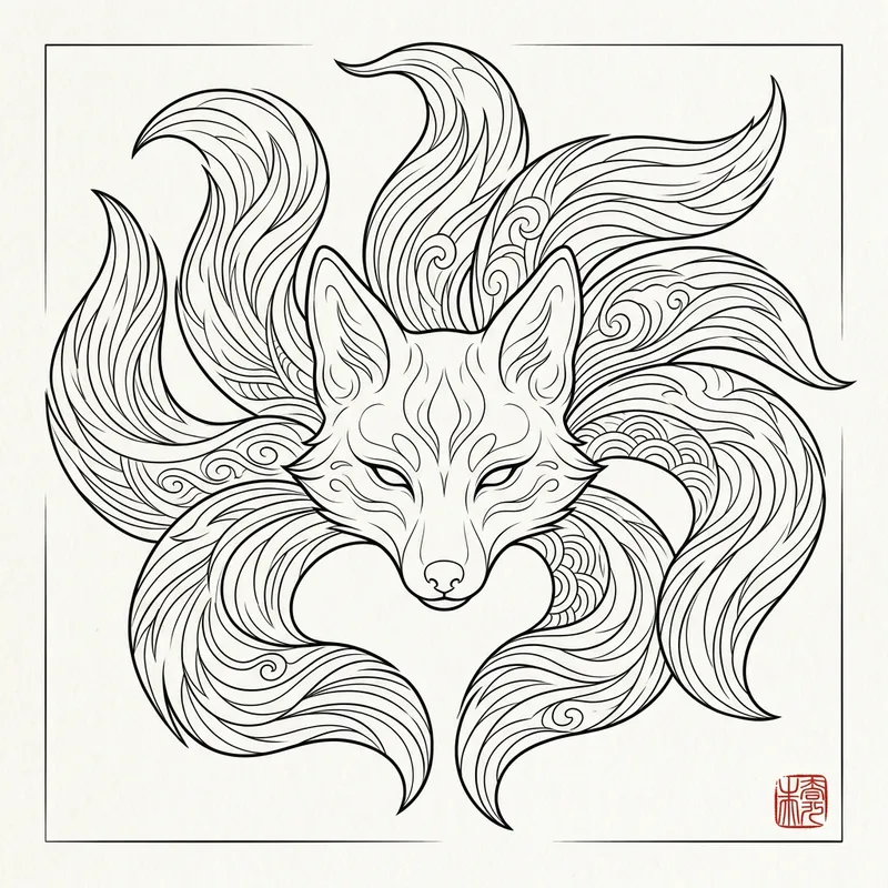 Stylized Kitsune Head with Nine Graceful Tails Stylized Kitsune Head with Nine Graceful Tails