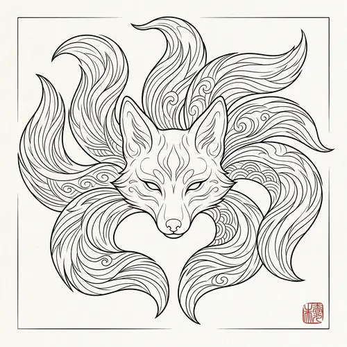 Minimalist Kitsune Illustration with 9 Graceful Tails