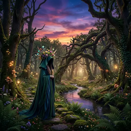 Enchanting Magical Forest Scene at Dusk with Mysterious Figure