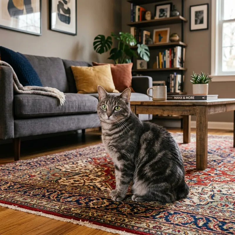 Elegant Manx Cat Pose on Cozy Rug