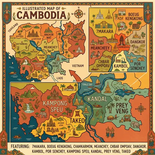 Illustrated Map of Cambodia: Makara, Kengkong, Chamkarmon & More