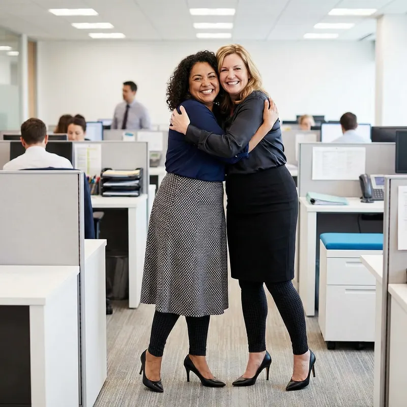 Diverse Middle-Aged Women Embracing In Office: Plus Size, 50 Years Old
