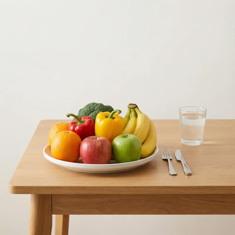 Minimalist Healthy Eating: Simple Table Set-Up with Colorful Fruits & Vegetables