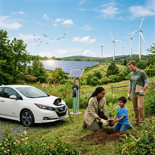 Sustainable Energy and Conservation: Solar Panels, Wind Turbine, Electric Car