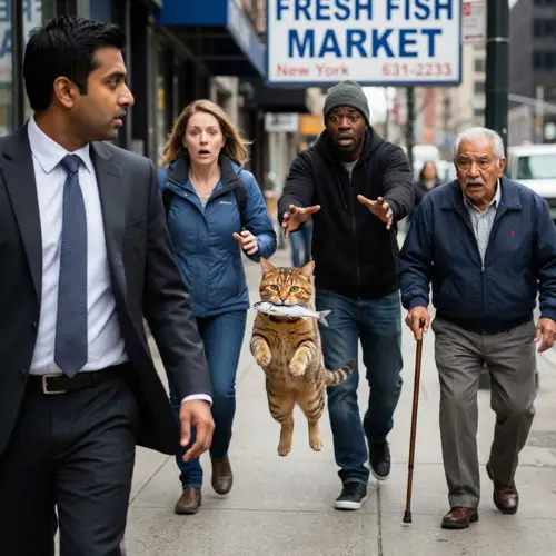Cat Steals Fish While People Chase in Surprise