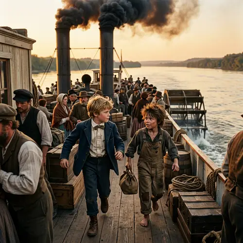 19th Century American Midwest Boys on Steamship | Mississippi River Scene