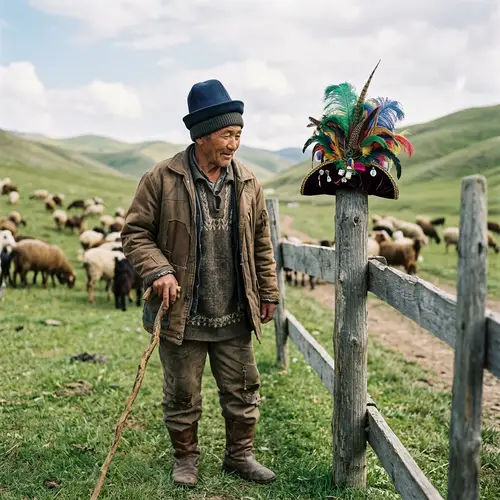 Asian Shepherd Intrigued by Flamboyant Feathered Hat