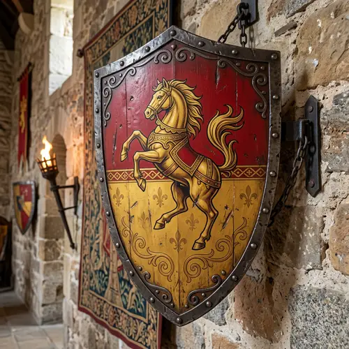 Medieval Shield with Red Gold Horse Design