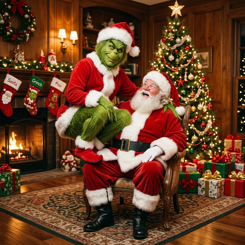The Grinch Sitting on Santa - Festive Christmas Scene