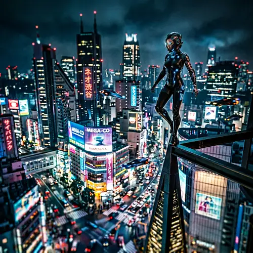 Futuristic Nighttime Cityscape: Cyberpunk East Asian Female Cyborg