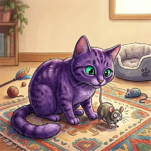 Vibrant Purple Cat Playfully Nibbling on Stunned Mouse