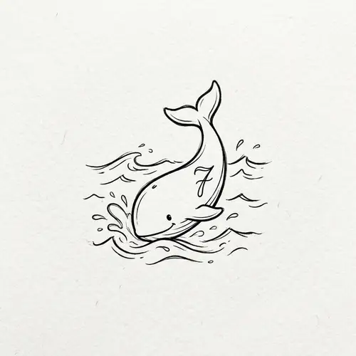 Minimalist Cartoon Whale Tattoo Design with Number Seven
