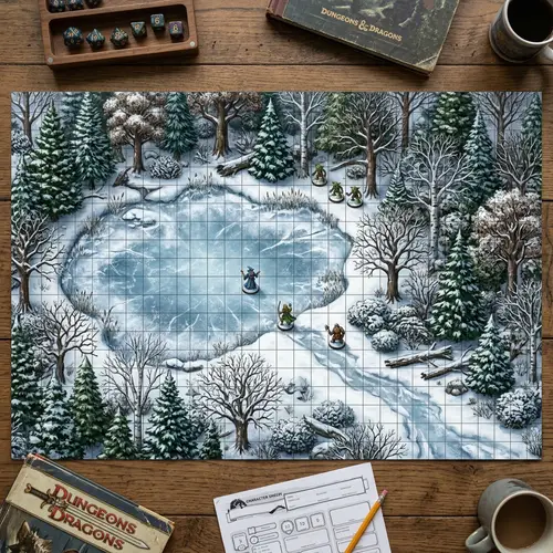 Winter-themed D&D Tabletop Game Map with Frozen Pond and Dense Forest