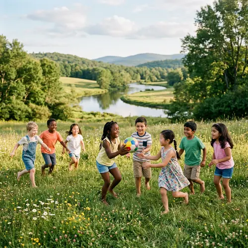 Joyful Children Playing in Serene Natural Landscape