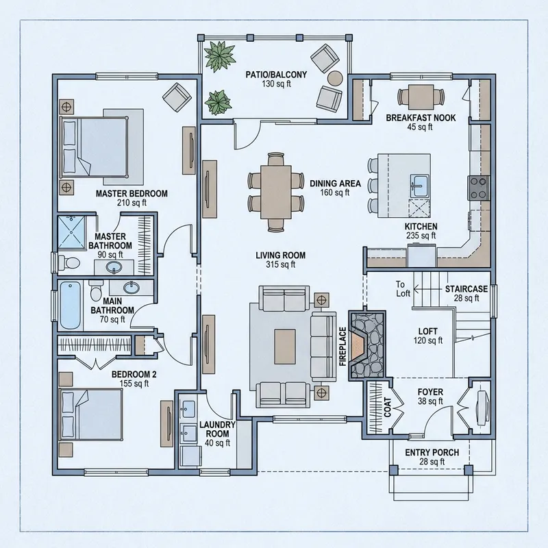 Professional Floor Plan Design for Kitchen, Living Room, Bedrooms, and Bathrooms