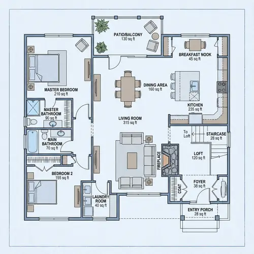 Detailed Floor Plan Design with Kitchen, Living Room, Bedrooms, Bathrooms