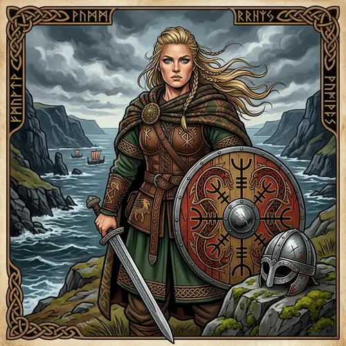 Nordic Viking Woman: Neotraditional Art with Sword and Shield