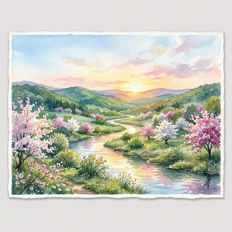 Tranquil Nature Watercolor: Hills and River