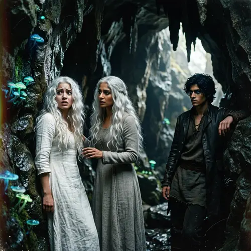 Ethereal Cave Scene with Haunting Silhouettes and Mysterious Characters