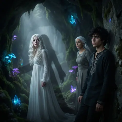 Dark Fantasy Cave Scene | Haunting Silhouettes & Ethereal Lighting