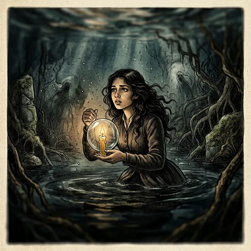 Young Hispanic Girl Submerged in Enigmatic Depths with Flickering Candle Young Hispanic Girl Submerged in Enigmatic Depths with Flickering Candle