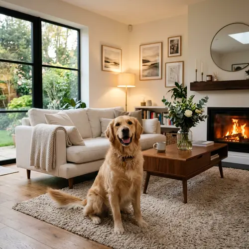 Fluffy Golden Retriever Dog in Cozy Modern Living Room