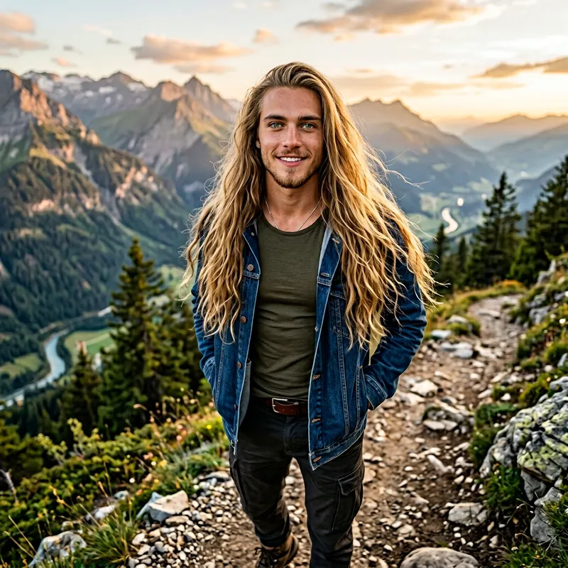 21-Year-Old Blond Man with Long Waist-Length Hair and Green Eyes