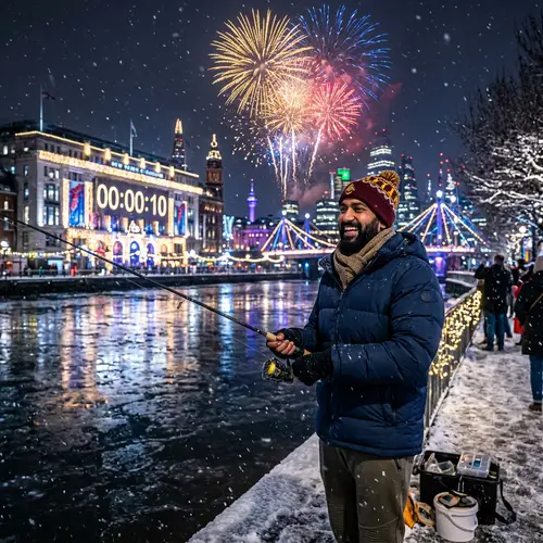 Urban Winter New Year Celebration with Festive Fishing Activity