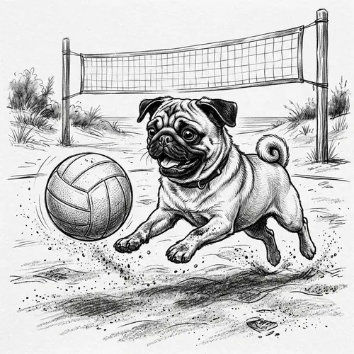 Carlin Dog Playing Volleyball - Black and White Drawing