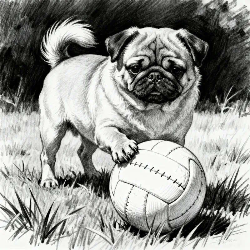 Carlin Dog Playing Volleyball - Black and White Drawing