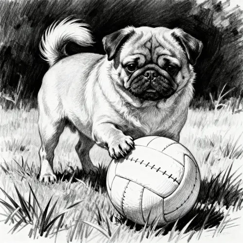 Carlin Dog Playing Volleyball - Black and White Drawing