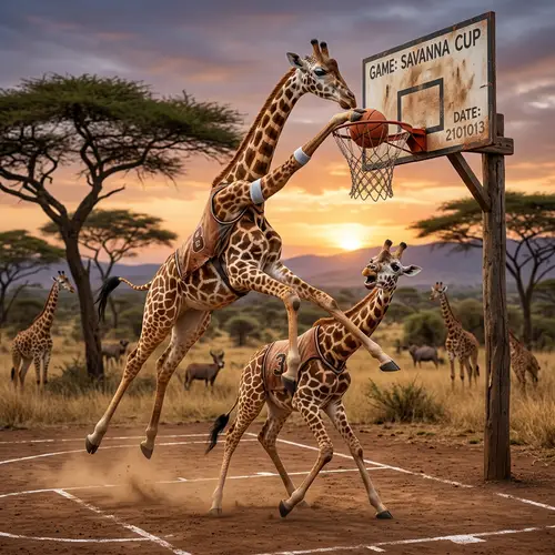 Giraffe Dunking a Mate in Basketball