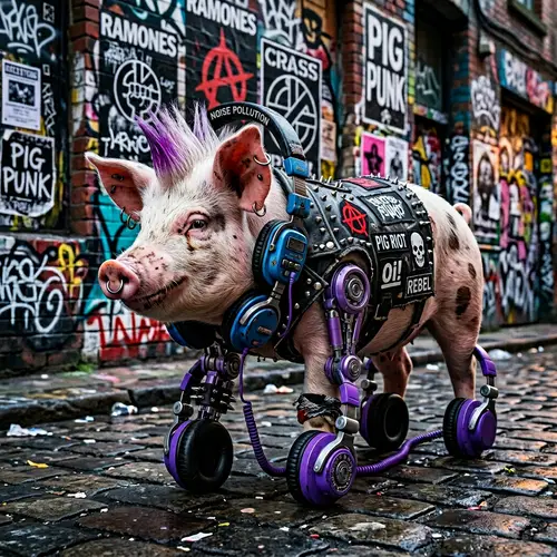 Punk Pig with Headphones and Headset