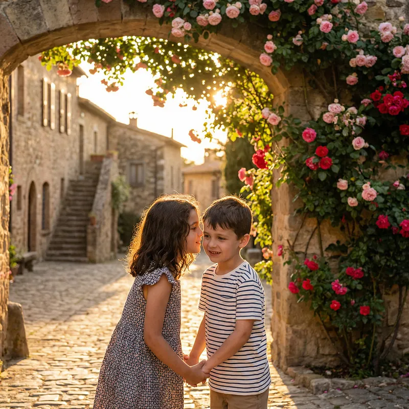 Romantic Love Story Image: Girl & Boy Embracing at Sunset Archway