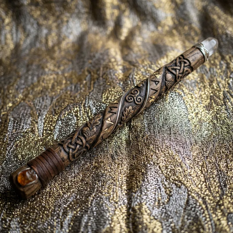 Enchanting Pagan Wand on Golden-Silver Background