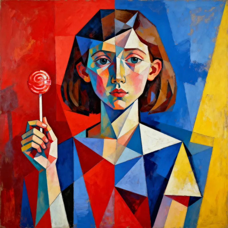 Cubist Portrait of Girls with Lollipops in Picasso Style