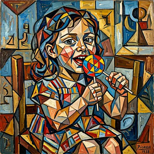 Cubist Portrait of Girls with Lollipops in Picasso Style