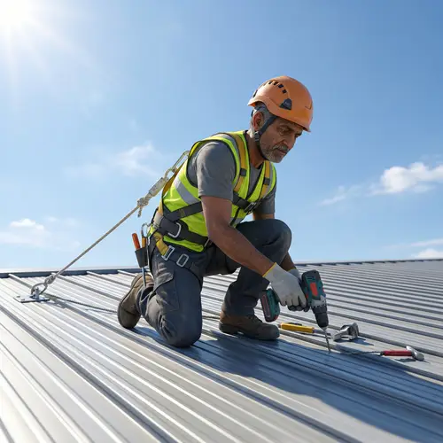South Asian Worker on Metallic Standing Seam Roof | Safety Illustration