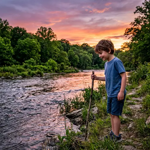 Young Boy by River in Blue T-Shirt | Beautiful Sunset Landscape
