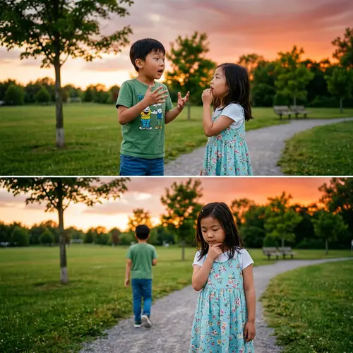 Engaging Conversation Between Korean Boy and Girl at Sunset in Park Setting