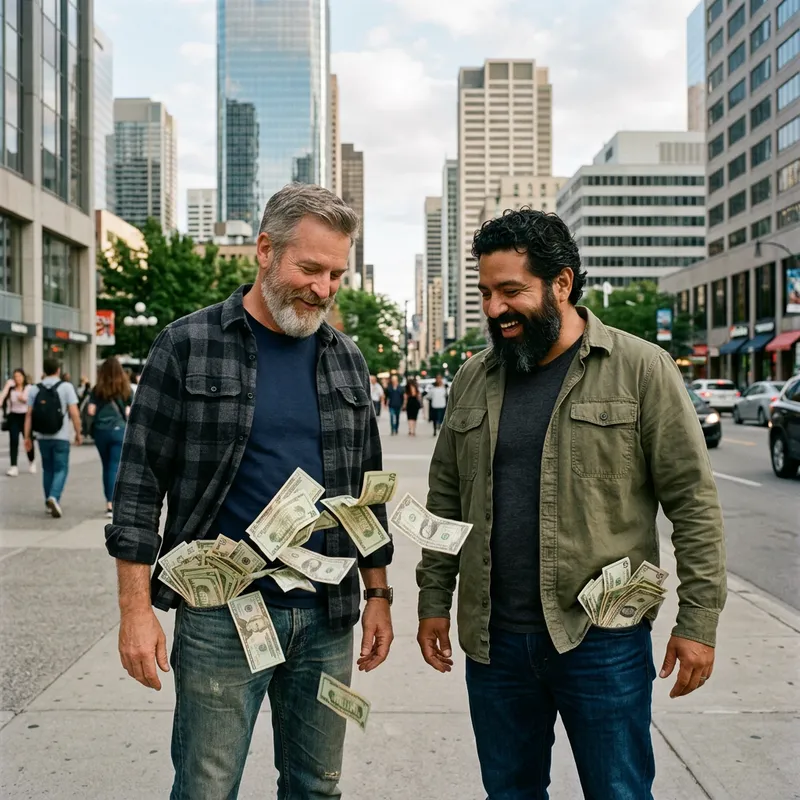 Two Middle-Aged Men with Beards and Dollar Bills in Urban Setting