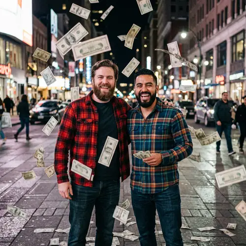 Diverse Bearded Men Celebrate in Money Rain | Urban Background