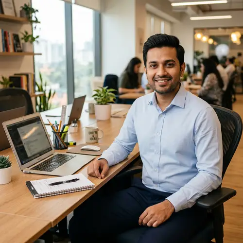 Modern Indian Man at Desk: Professional Pose