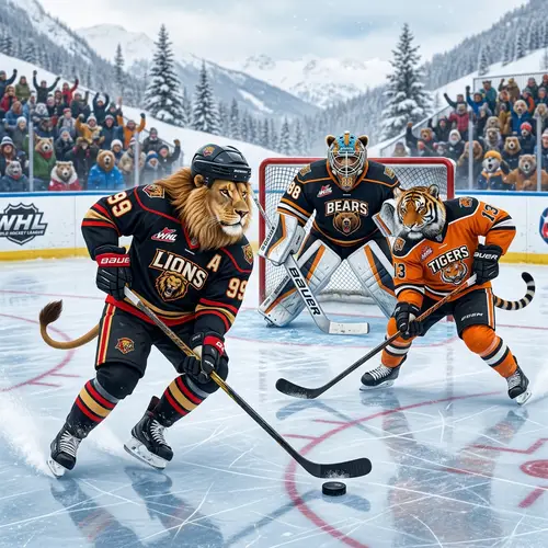 Ferocious Animals Playing Ice Hockey - Thrilling Encounter on Ice