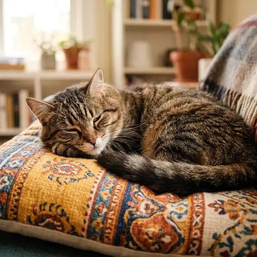 Cute Domestic Cat on Soft Cushion | Relaxing Striped Kitty