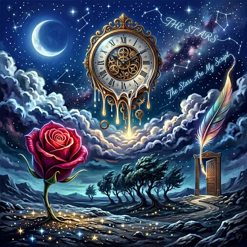 Surrealistic Scene with Floating Clock and Giant Rose Bud