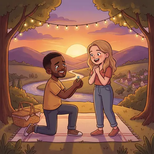 Romantic Sunset Proposal Illustration | Charming Cartoon Art