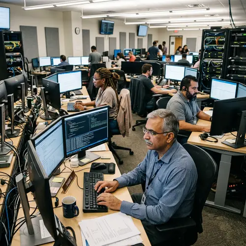 Busy Computer Room: Teamwork in Action